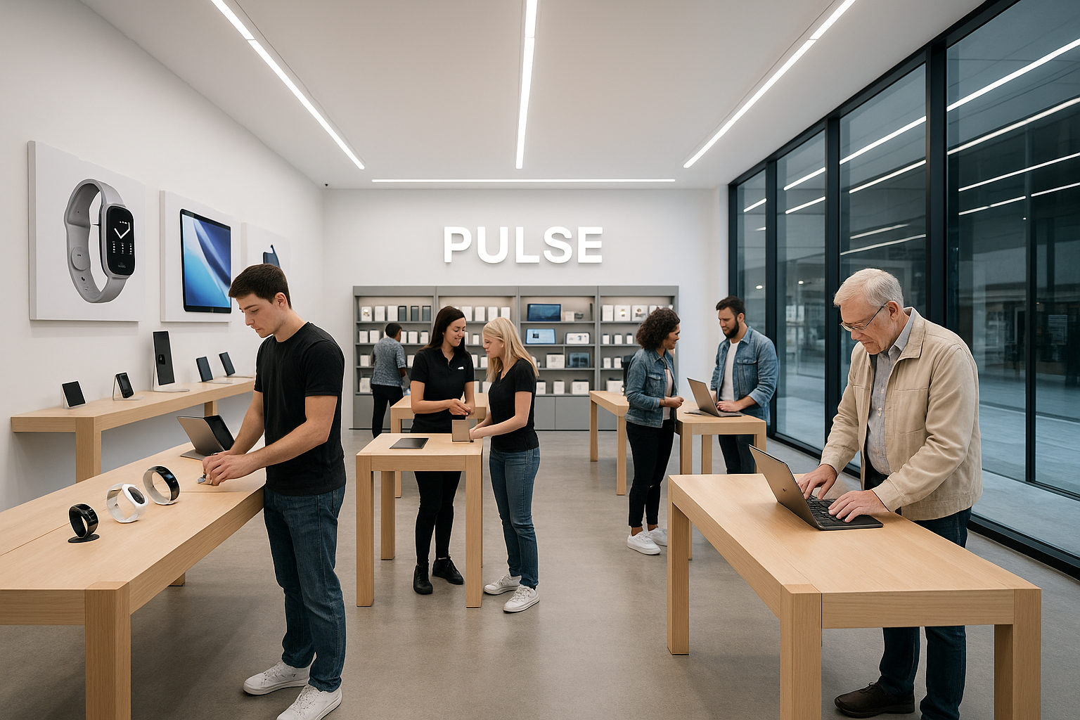 un magasin PULSE comme apple avec des clients qui entrent a l'intérieur
