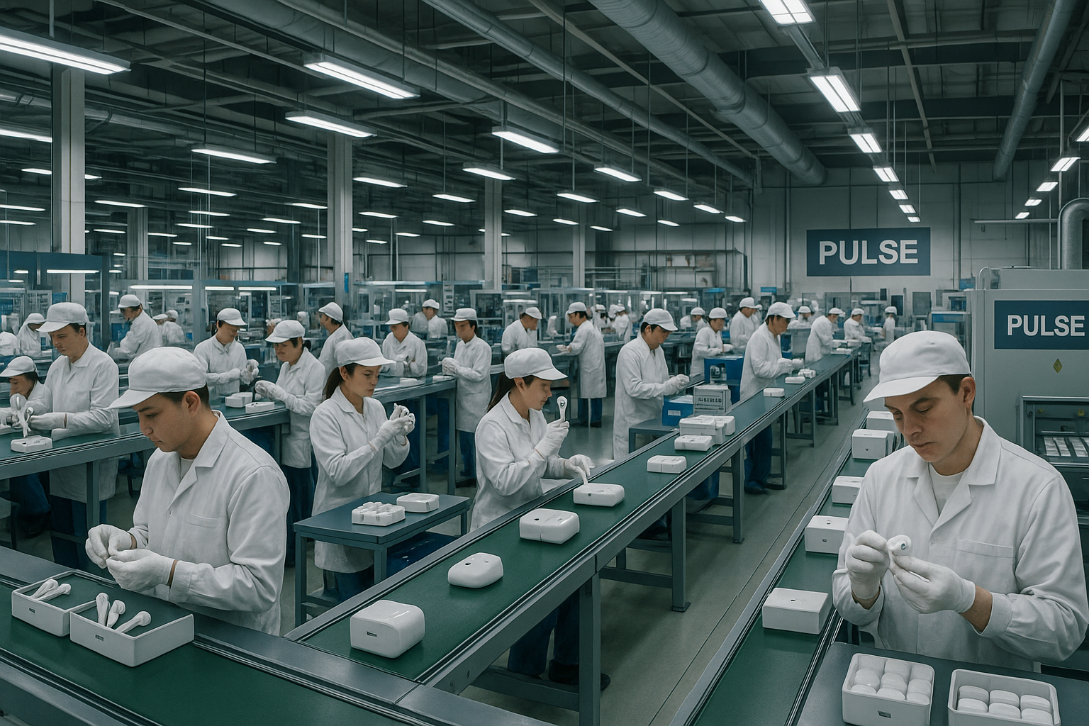 une usine PULSE avec pleins de personnes qui créent des airpods
